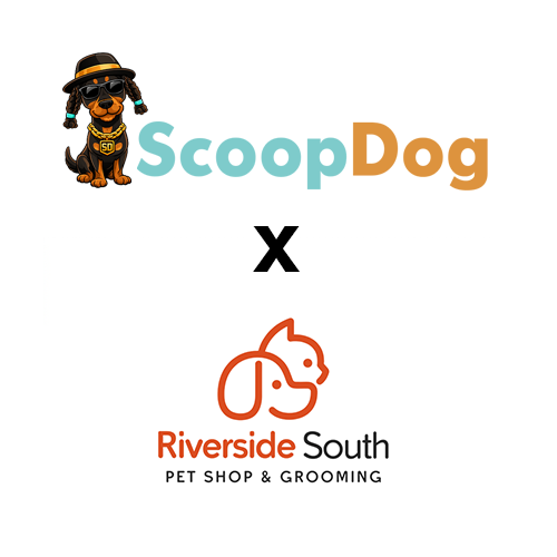 ScoopDog and Riverside South Pet Shop & Grooming logo with a dog character wearing sunglasses and a hat.