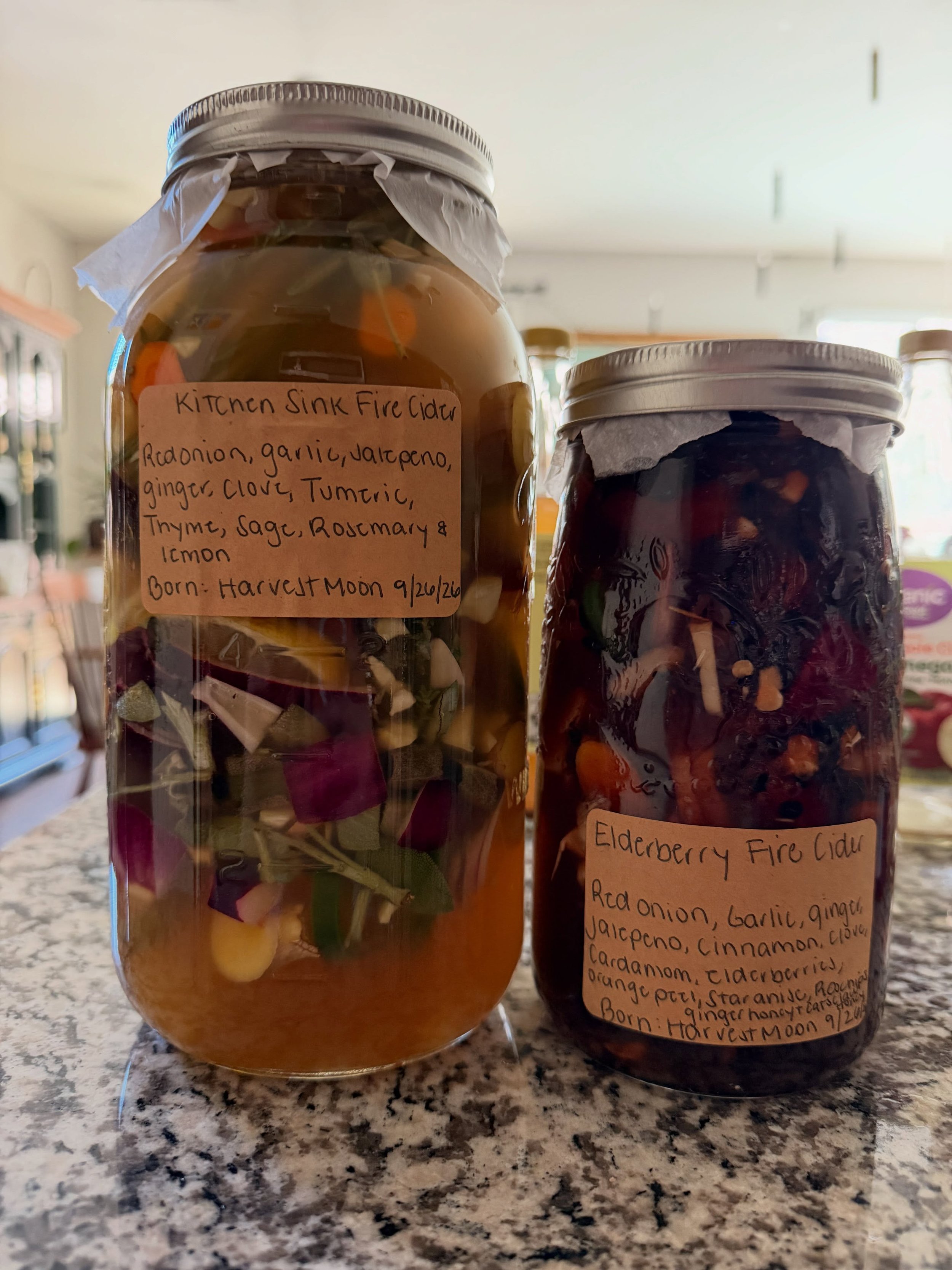 Fire cider! Okay lovely herbies it&rsquo;s that time of year to start your fire ciders. On the Full Harvest moon, I concocted two fire ciders to get my family prepared for the cooler weather &amp; sick seasons ahead. I chose to experiment with making