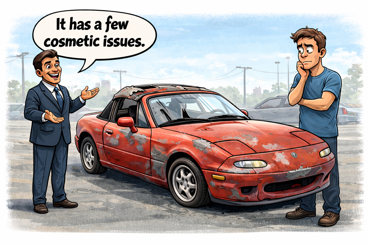 mazda miata, torn top, faded clear coat, tricky salesmen, used car salesmen