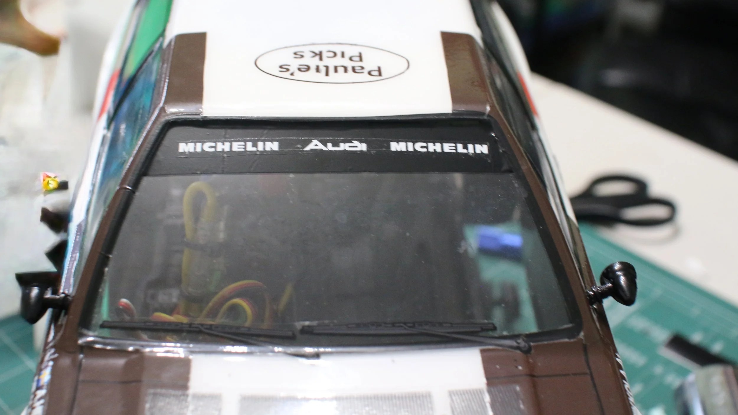 windshield decal on Audi Quattro.  This is a Tamiya tt-02 fixing a mistake on the windshield