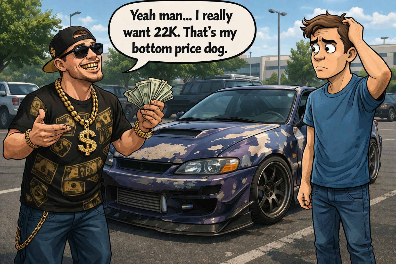 tuner car, with rapper wannabe, selling, demanding 22K