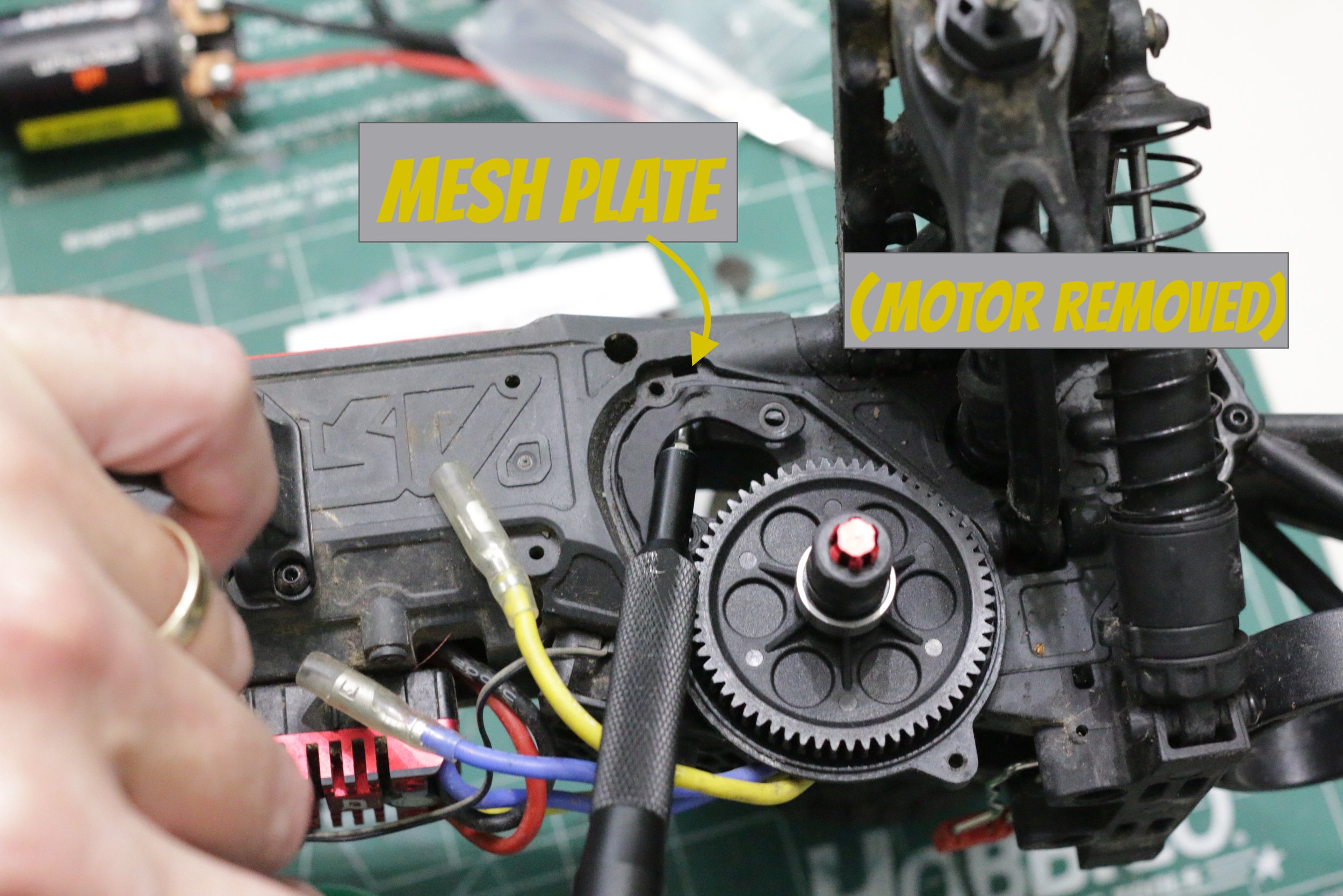 Image of Arrma Fury mesh plate.  A screwdriver is placed under the plate.  The plate is removed