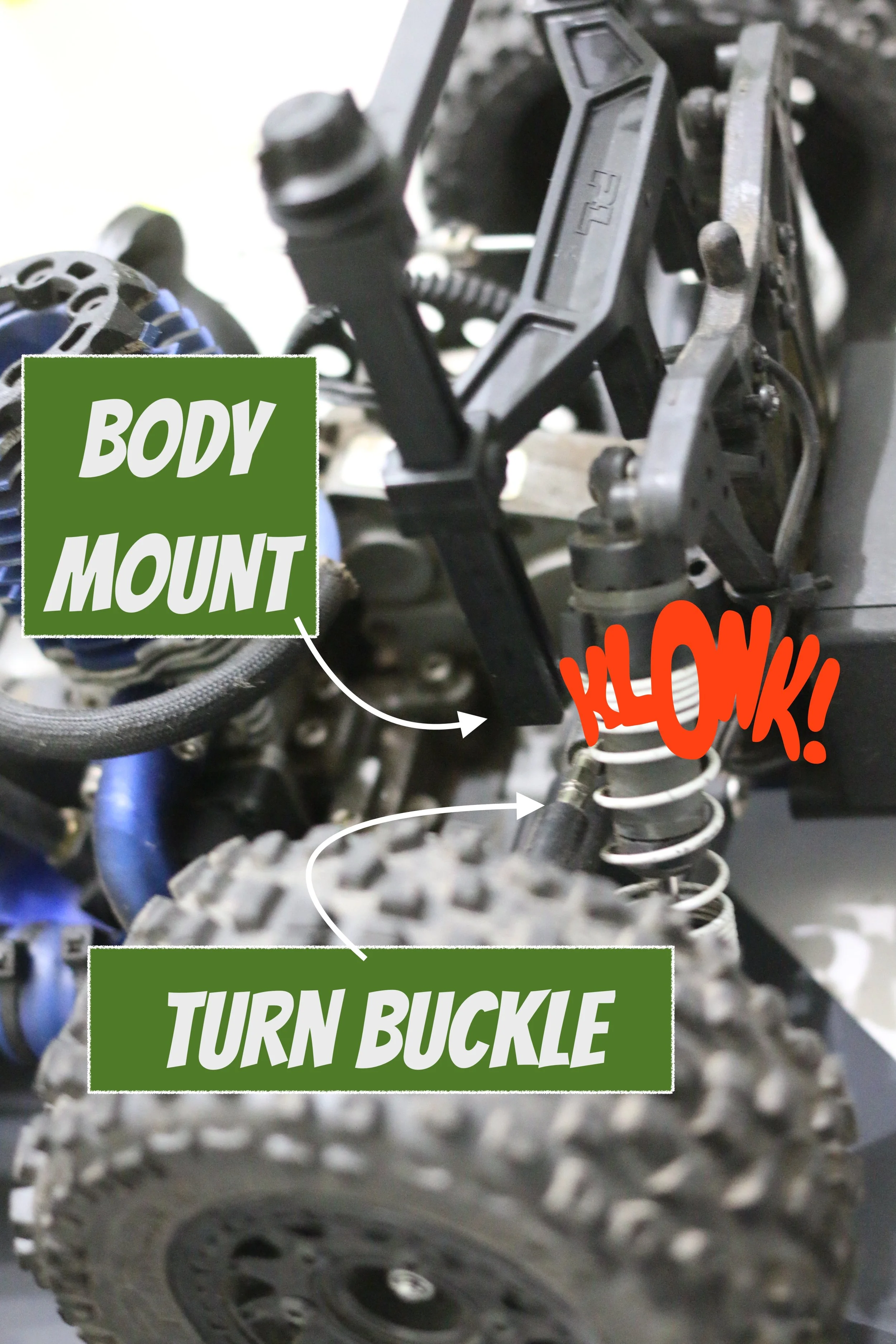 Shows the conflict with the proline body mount and the turnbuckle.  The suspension arm will be limited with Proline body kit for Slash