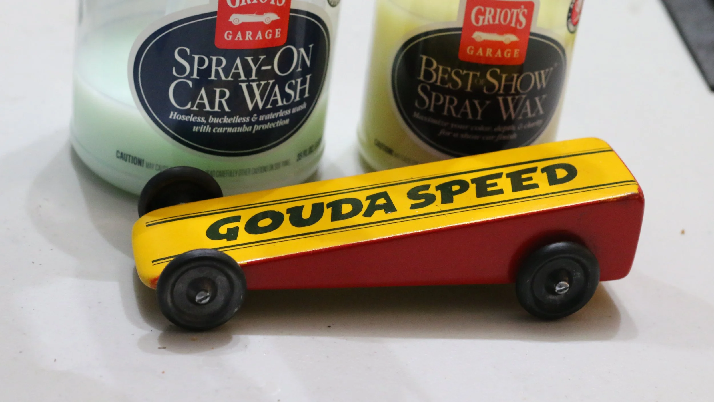 picture of pinewood derby car.  It is cut like a piece of chees