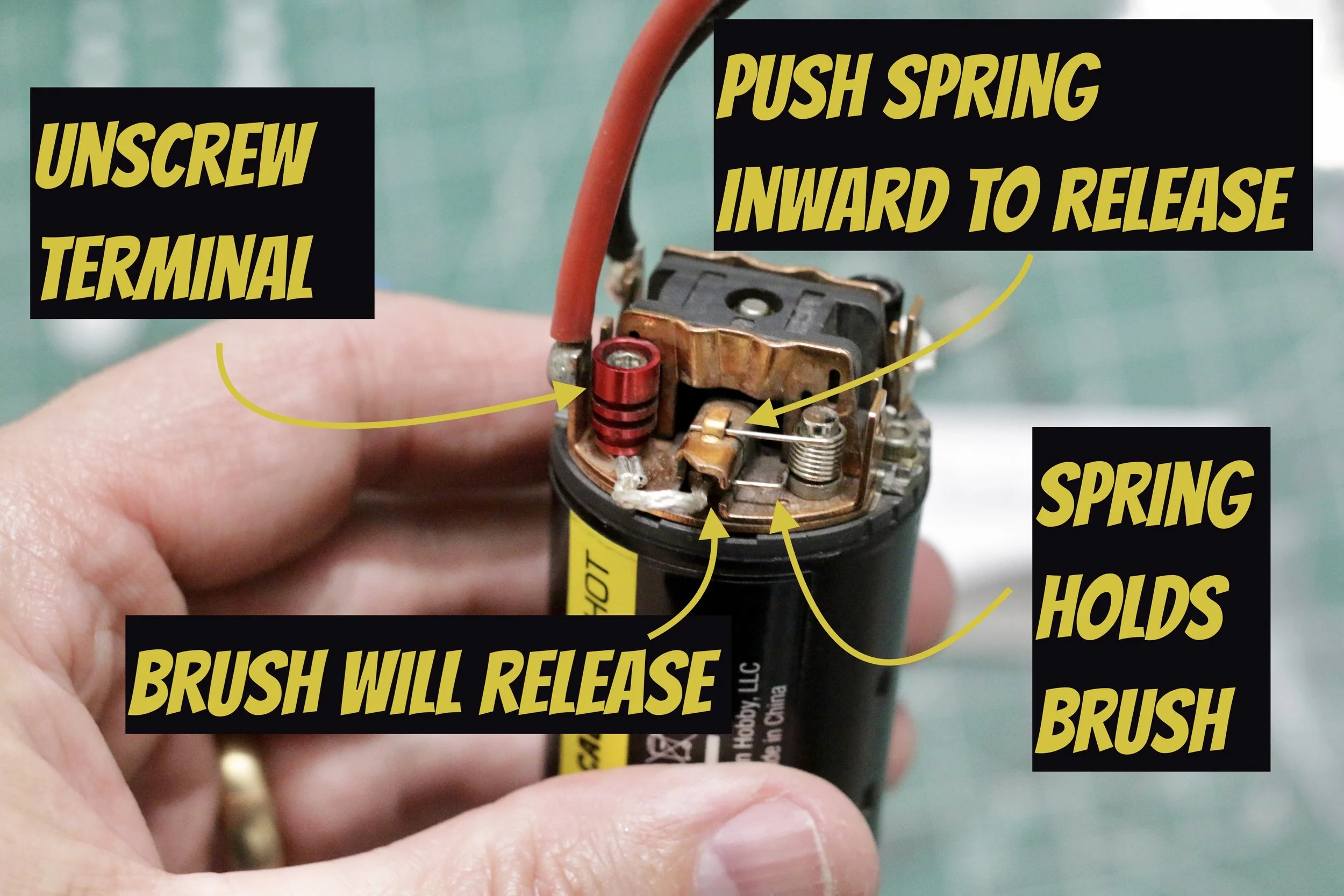 Replace brushes in brushed RC 550 Spectrum Firma motor.  This is a motor upgrade for Arrma or any Short Corse Truck (SCT) with a brushed motor