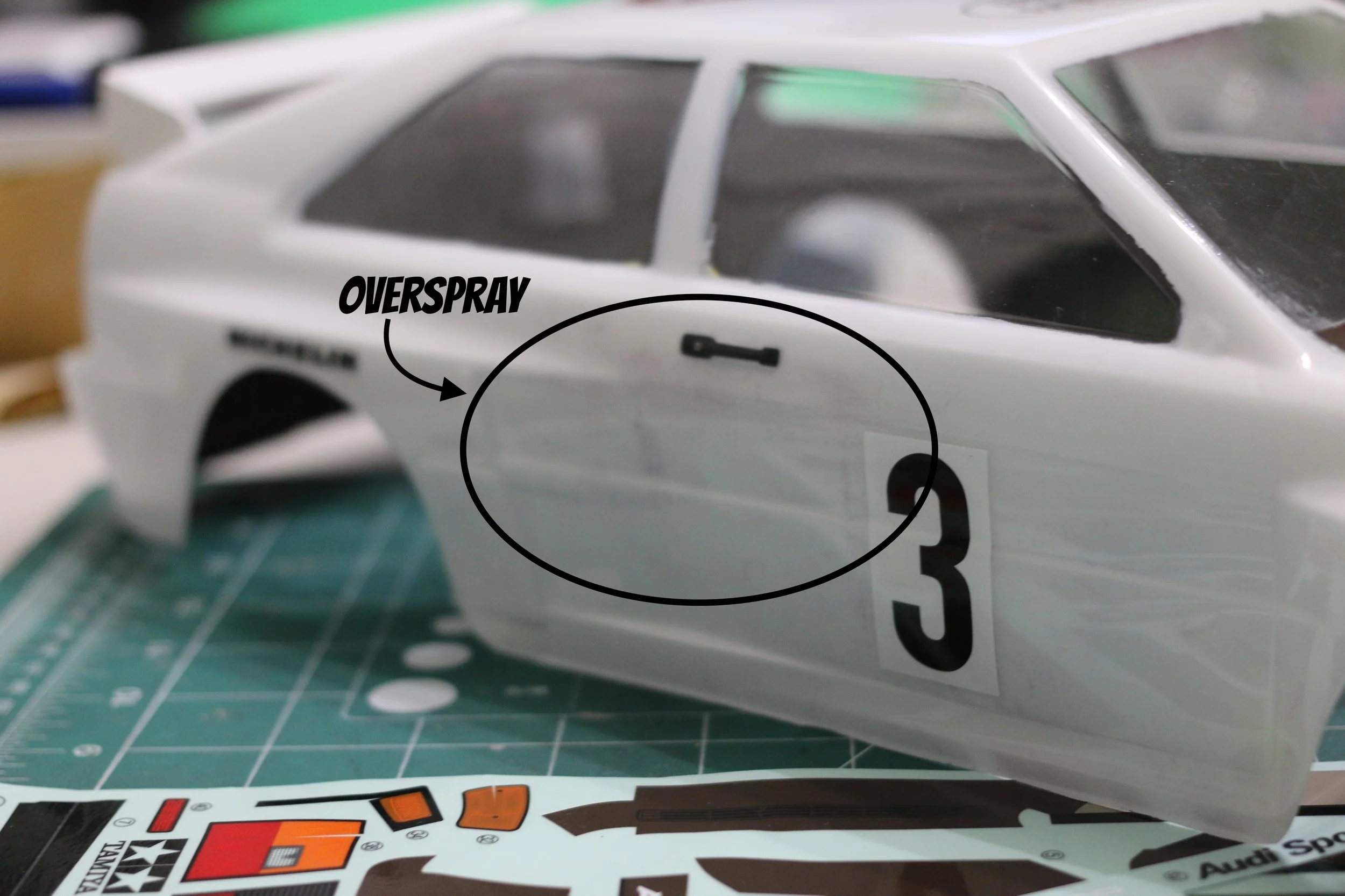 Messed up RC body with overspray.  This is the Audi body before decals