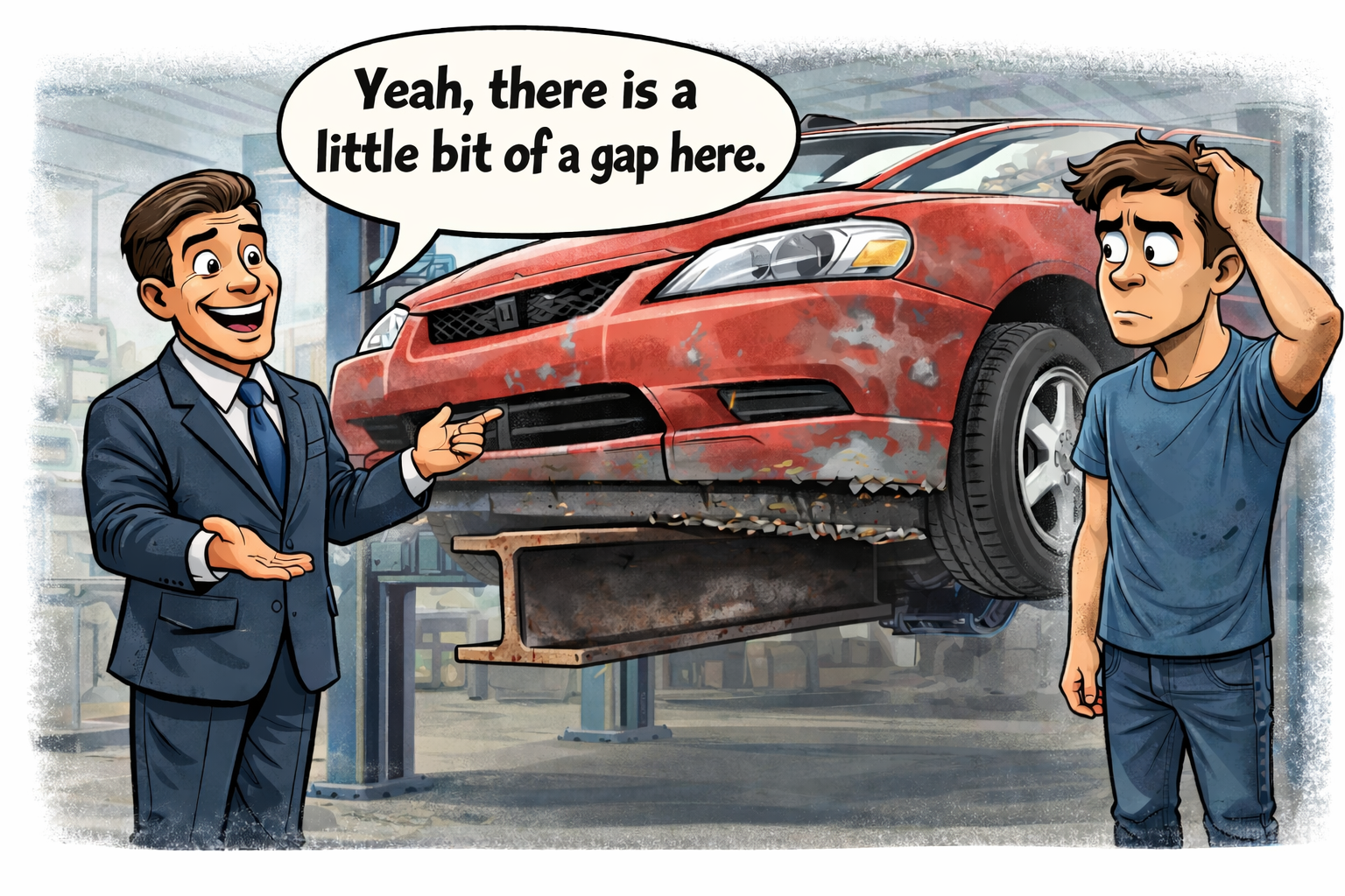 salesmen, bad welding job, car with issue,