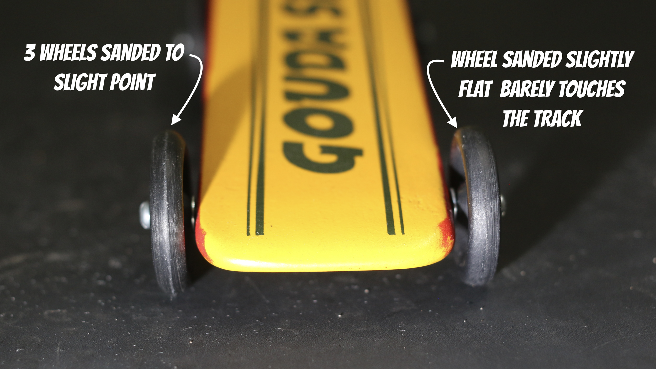 This is a picture of modified pinewood derby car wheels.  Three are sanded to a point and one is sanded flat.  3 wheels touch the track.