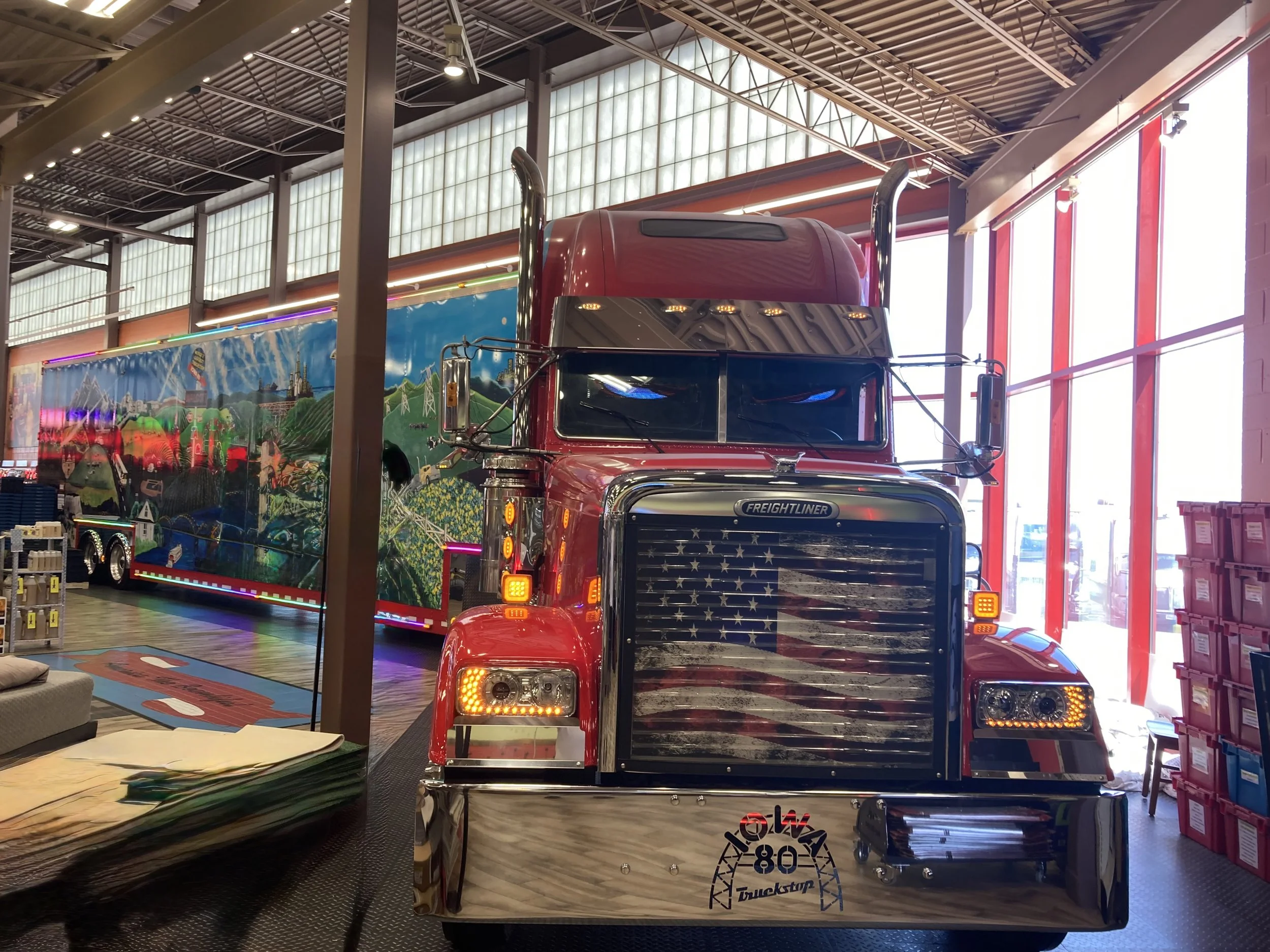This is a semi that is parked inside the World's Largest Truck Stop