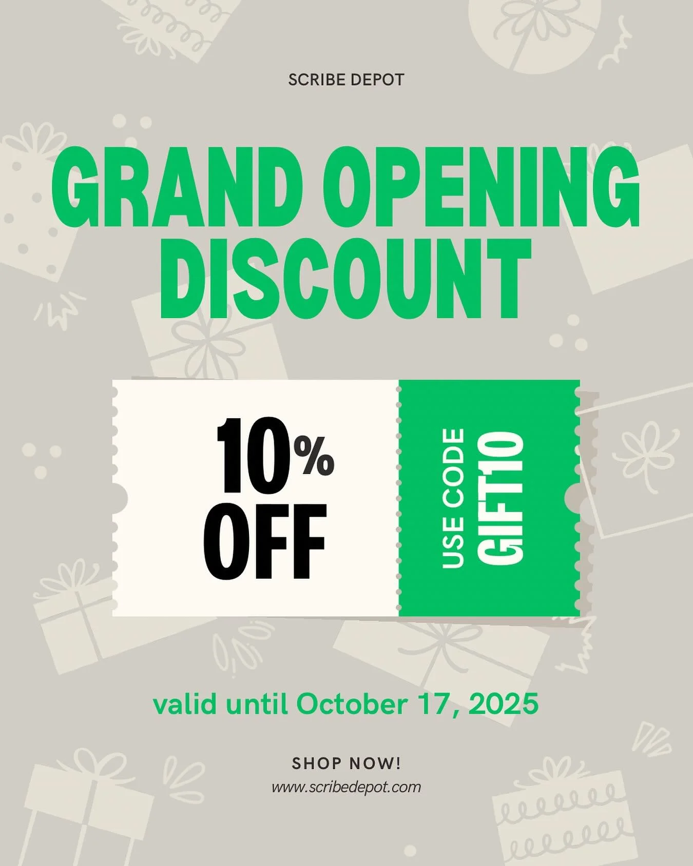 Use code GIFT10 to earn 10% off your next Scribe Depot purchase! Only valid for a limited time!

www.scribedepot.com