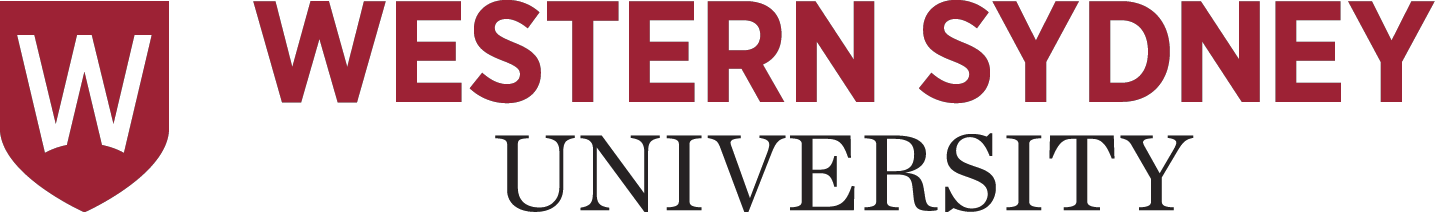 Logo of Western Sydney University with a red shield and a black W, and the university name in black and maroon text.