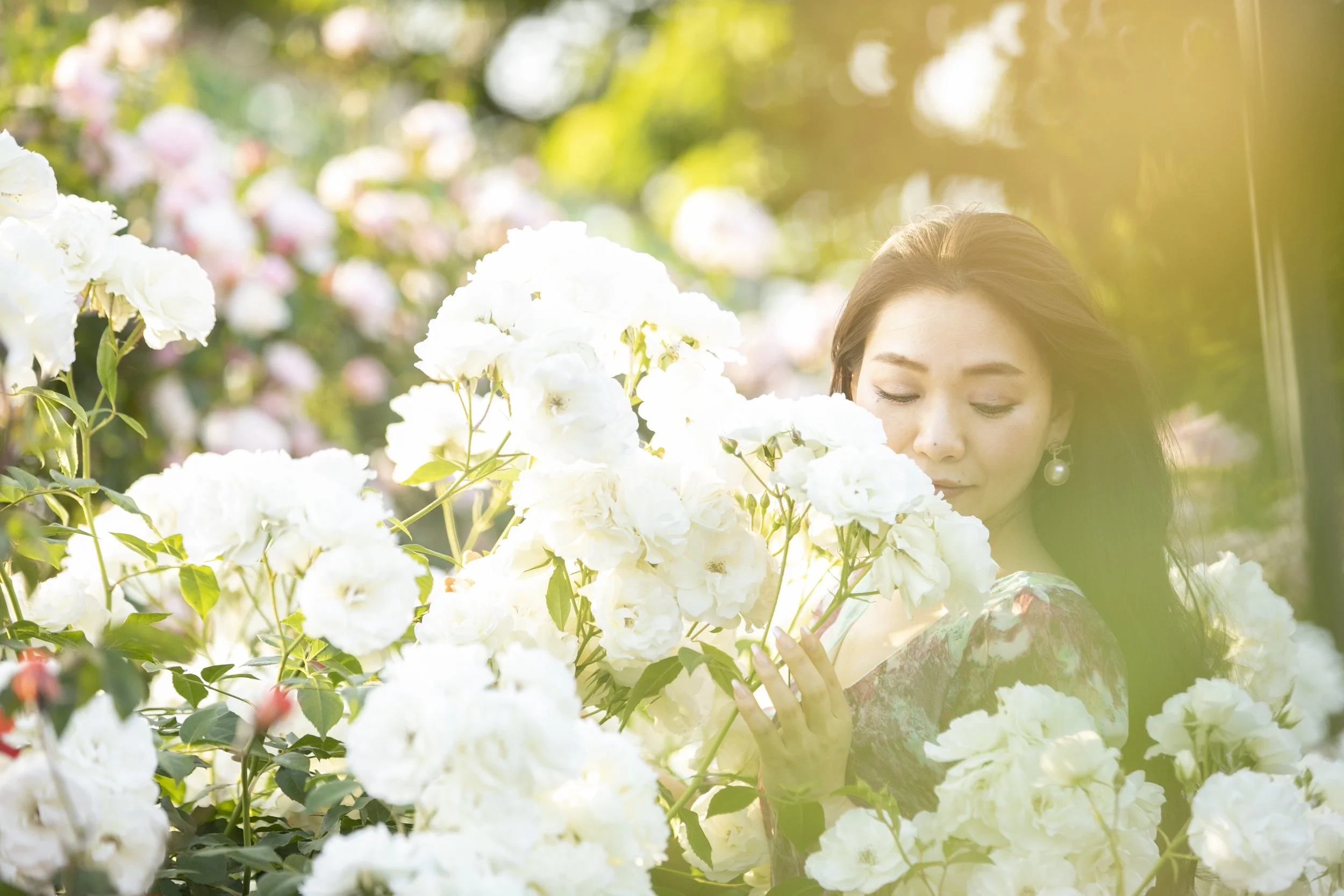 白い花に囲まれた女性が花を手で触れている。背景はピンクや白の花と緑の葉。陽光が差し込み、暖かい雰囲気。