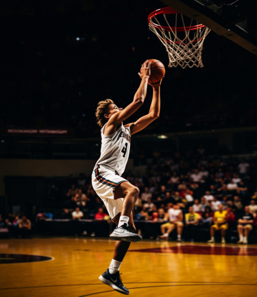 A young basketball player in a white uniform jumps to score a basket during a game in an indoor arena with spectators in the background.
