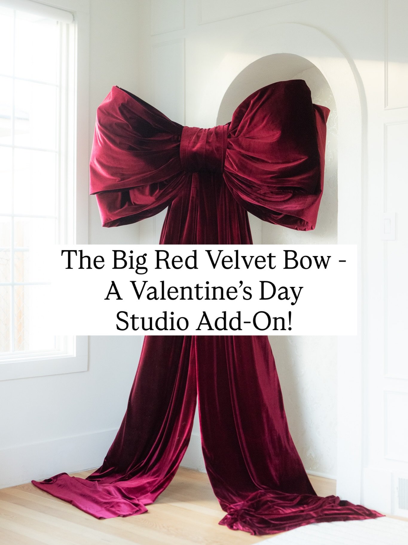 This gorgeous, silky and velvety 6&rsquo; tall , standalone bow is available as an additional backdrop - perfect for a Valentine&rsquo;s Day shoot in any of the studios! You must book the bow for your session separately from your studio room booking,