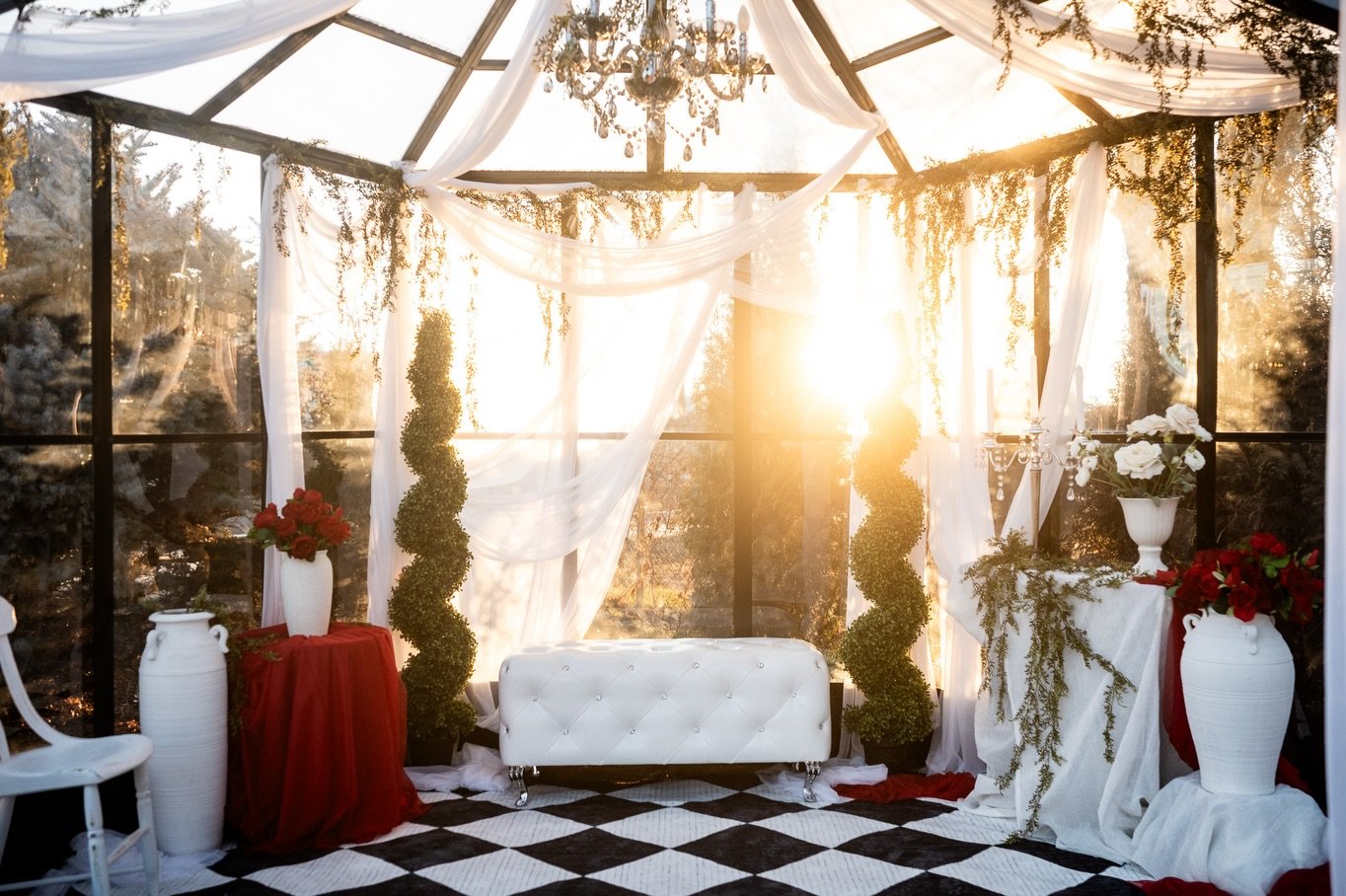 Our outdoor studio, Winter in The Garden; featuring dreamy Valentine&rsquo;s Day touches on a black and white theme&hellip; and a perfect setup for some lovely golden hour vibes 👌