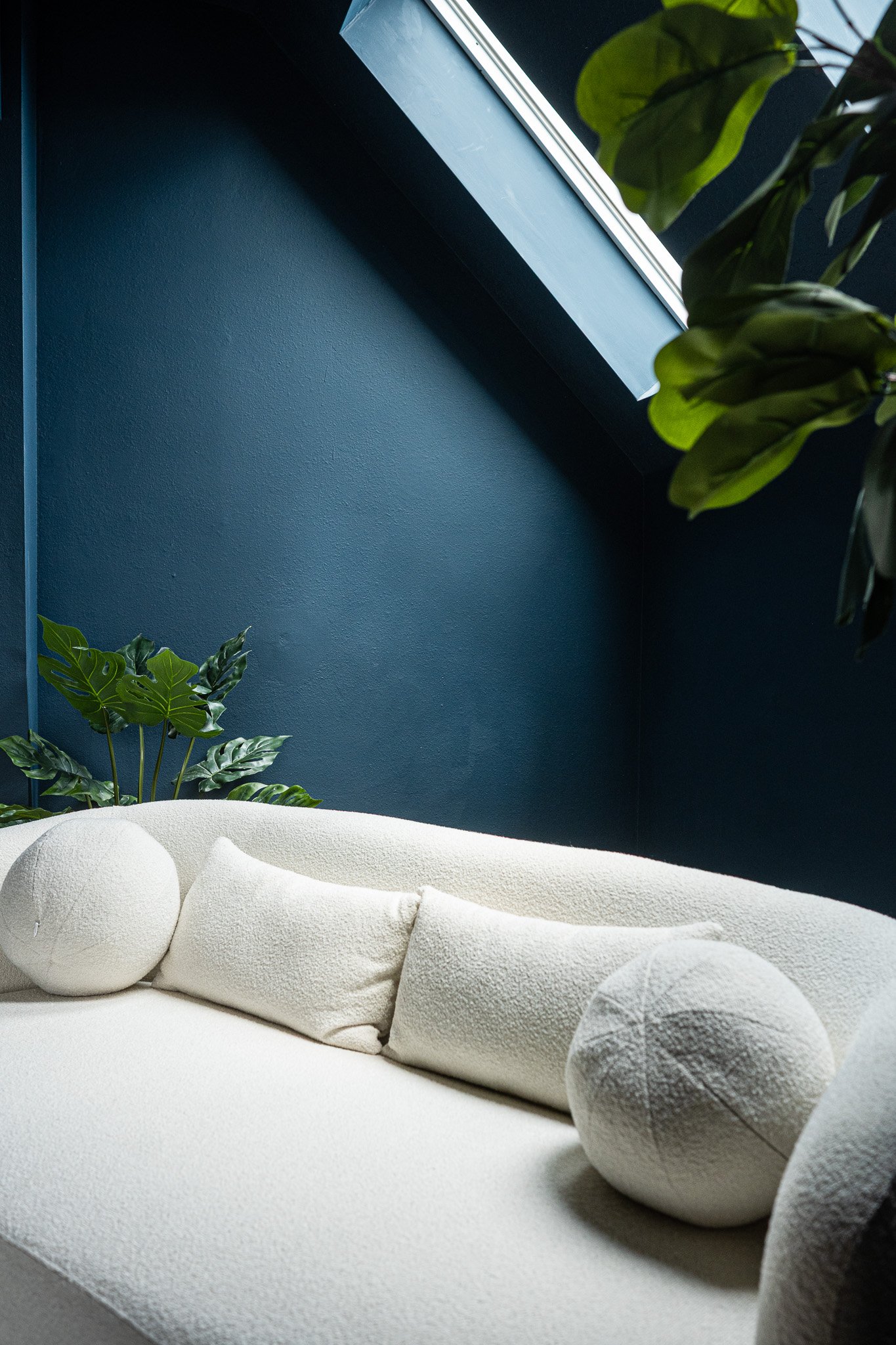 A white textured sofa with rounded cushions against a dark blue wall, under a sloped skylight window with green houseplants nearby.