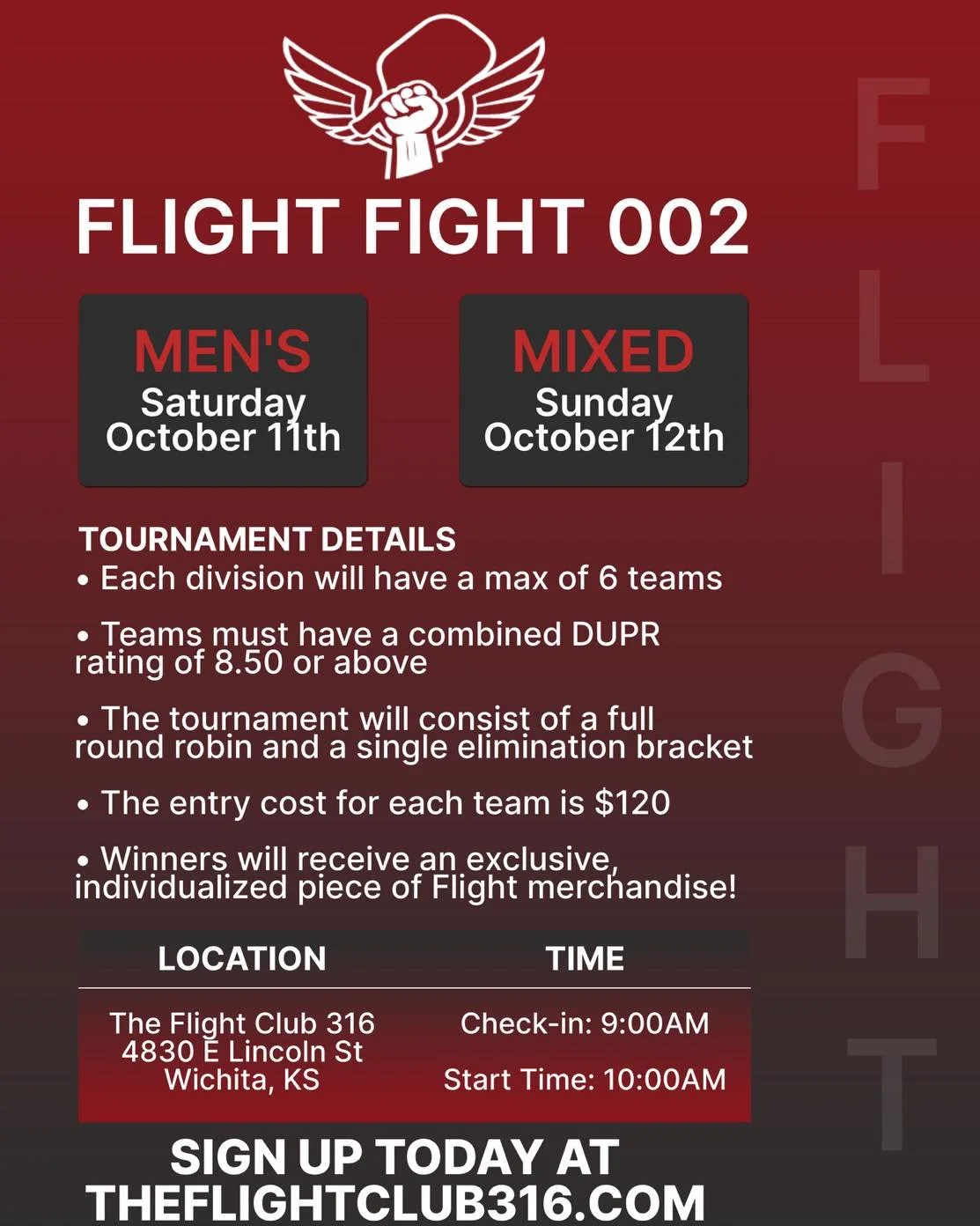 Miss the first ever Flight Fight?

Don&rsquo;t worry, Flight Fight 002 is right around the corner! Join us for another action-packed weekend with some great competition!

Grab a partner and sign up today at theflightclub316.com