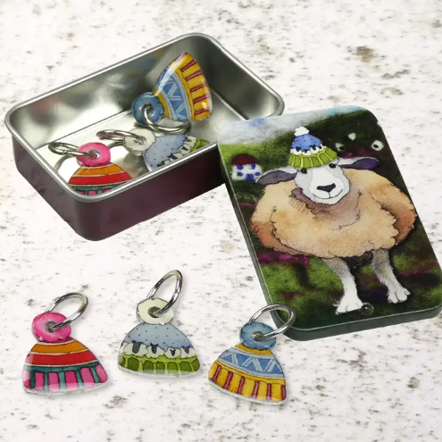Hats Stitch Markers in a Tin