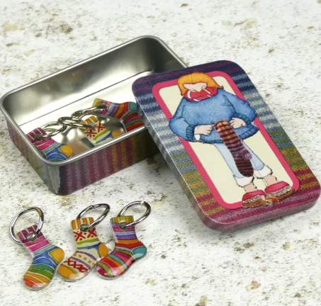 Socks Stitch Markers in a Tin