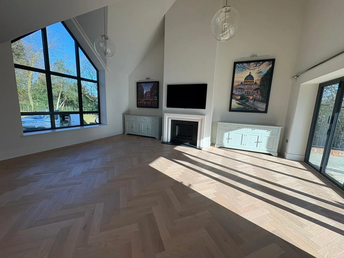 A recent full house renovation completed in Surrey. We installed herringbone with plank borders in the reception rooms, with plank flooring flowing through the entrance hall, study, and cloakroom.

The calm, natural oak tones really bring this home t