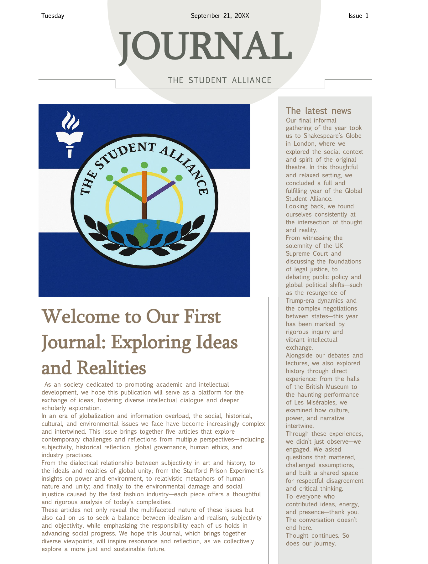 A digital college journal cover dated September 21, 20XX, titled 'The Student Alliance,' featuring a logo with a globe, leaves, and clock hands.