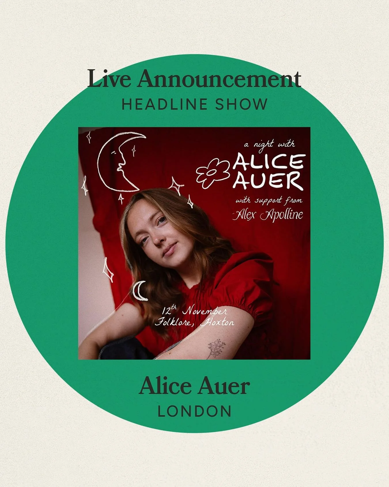 🎟️ @alice_auer announces a special headline show at @folklorehoxton on 12th November.

Special guests, new music and some limited edition merch in one of London&rsquo;s most special independent venues &hearts;️

Limited tickets on sale now 🚗