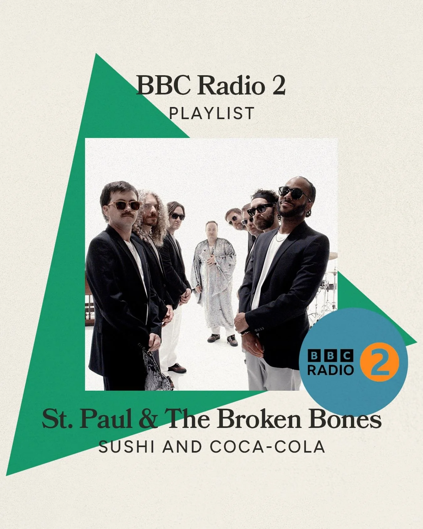 ➕ @stpaulandthebrokenbones added to the @bbcradio2 playlist with &lsquo;Sushi and Coca-Cola&rsquo; (other cola brands are available) 🍱 🥤

Thanks to @jowhiley, @djtrevornelson, @oj_borg for the R2 support. As well as @craigcharlesfunkandsoul, @hueym