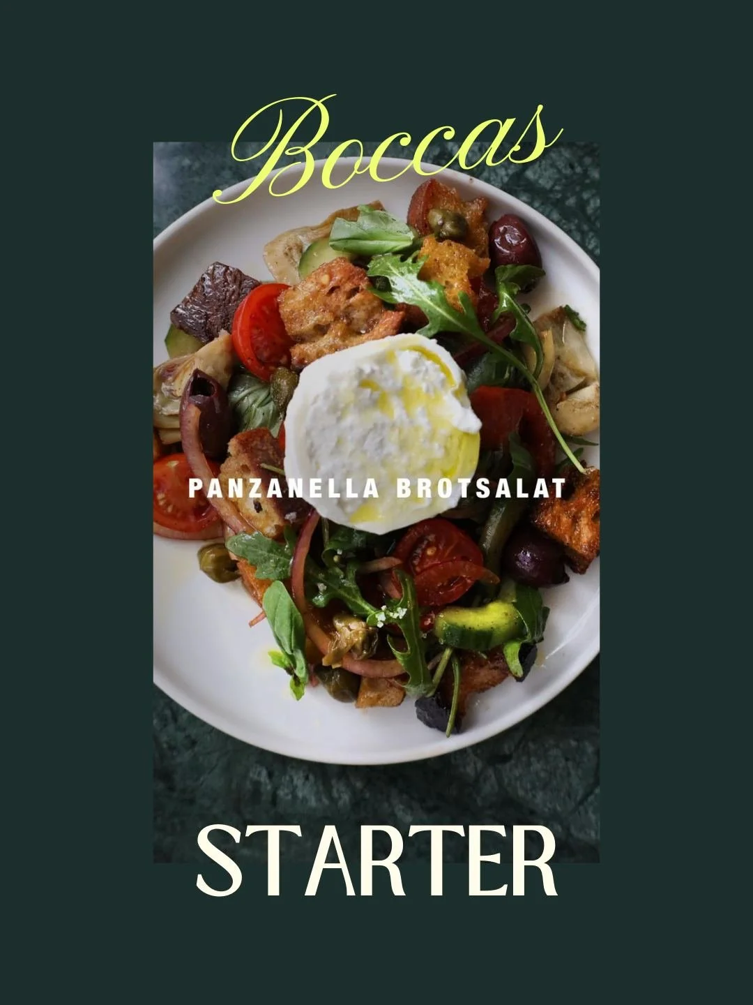 Panzanella. Carbs disguised as salad. We're not sorry.
Roasted sourdough bread. Tomatoes. Olives. Artichokes. Burrata.