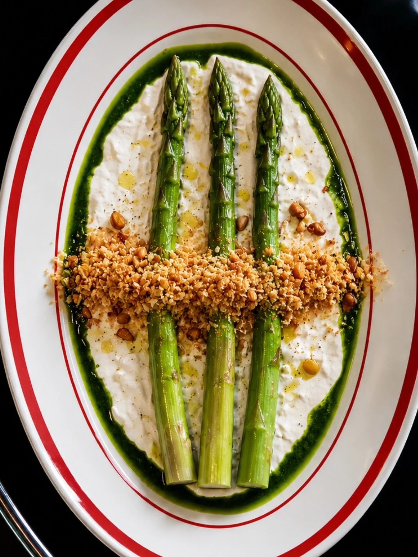 Simple things. Done properly.

Gegrillter grüner Spargel auf Burrata,  Pinienkerncrunch