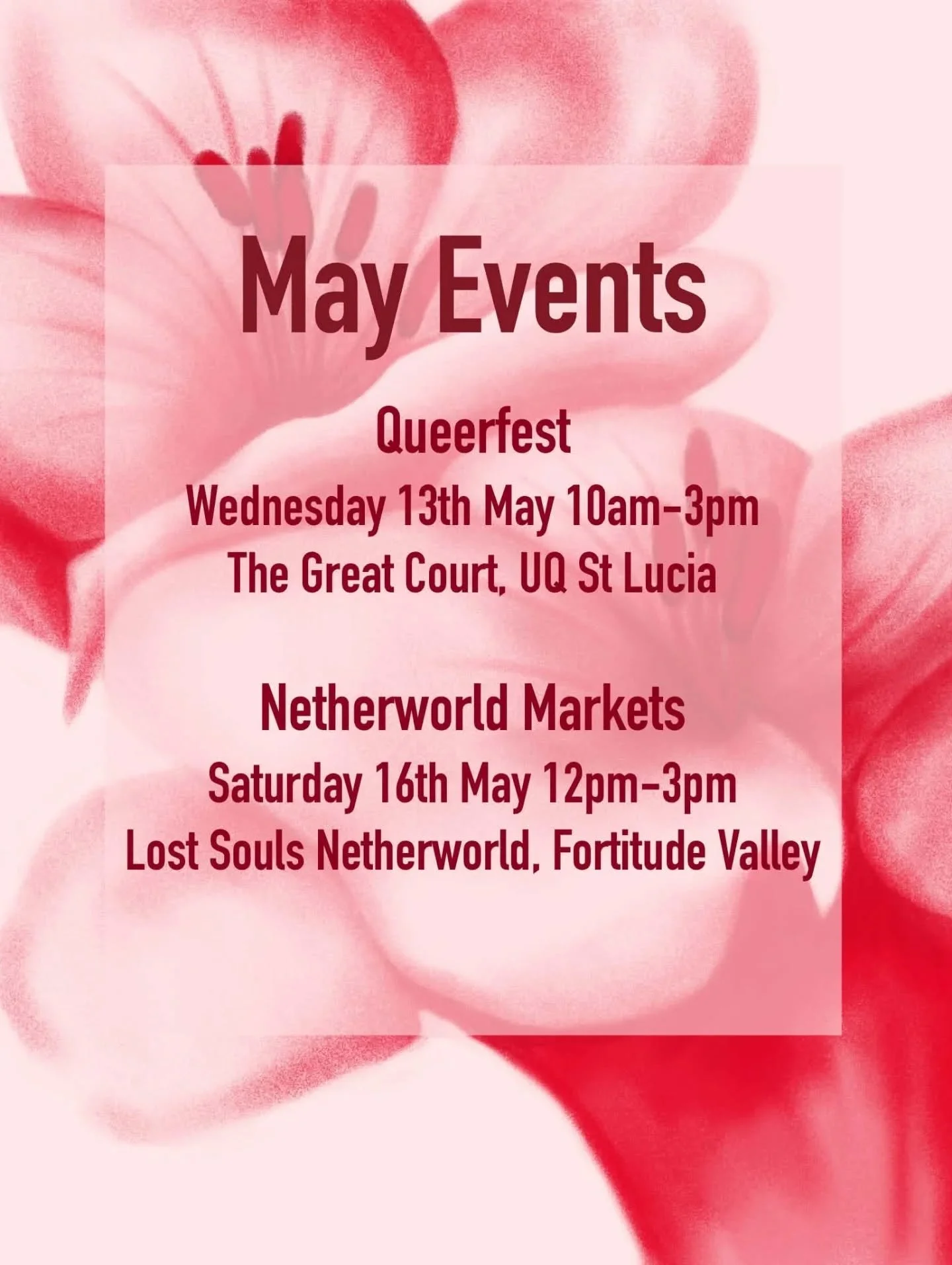 🌼May Events🌼
I'm so excited to be back @uququeercollective and @netherworldarcade markets! 

I'll be away for the next two weeks on a little holiday to Japan. However you can catch me at these events! This is the perfect chance to grab some goodies