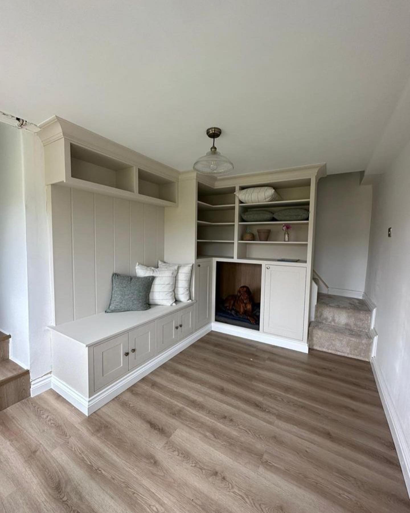 Boot room all finished off today. The clients wanted to go with a more traditional look with the face framed units to keep the cottage vibe. Maximum storage was gained by using the space under the stairs, which made the perfect place for the dog bed.