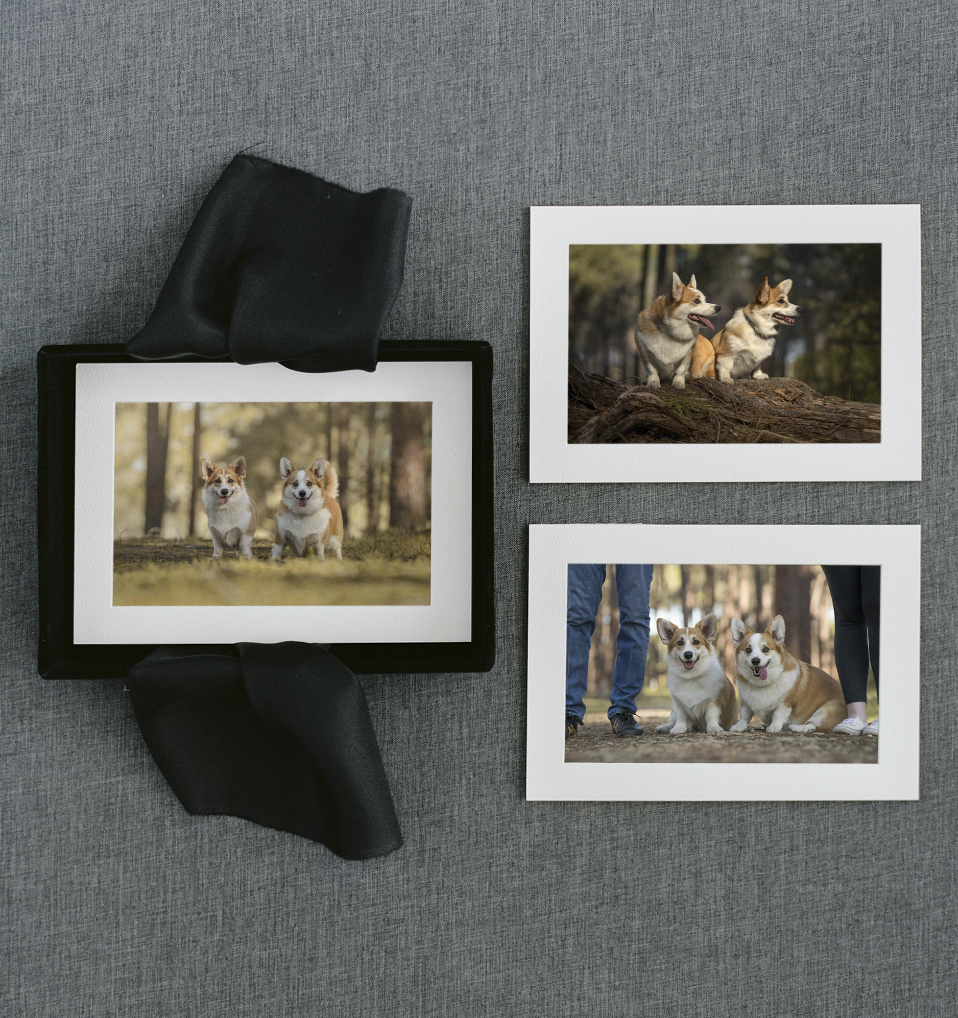 A Black fabric print box with 3 matted prints 