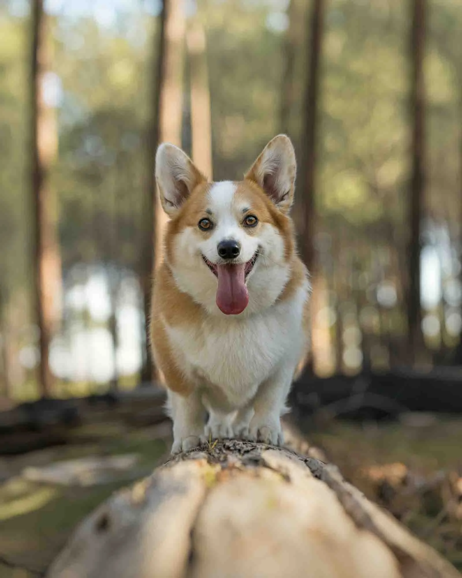 A corgi dog with its tongue out standing on a log in a wooded area in Perth Western Australia