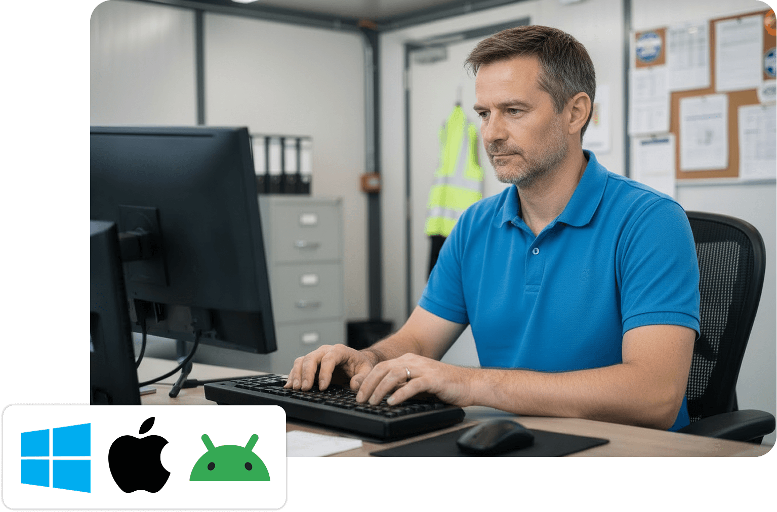 Job Management Software | An admin worker typing on a computer in a site office