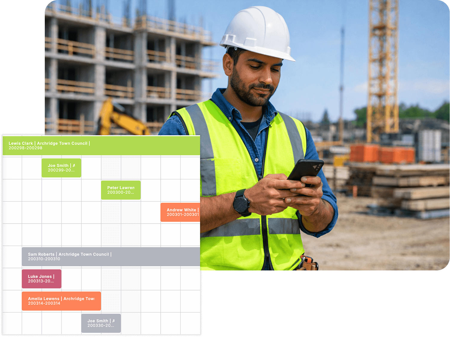 Bespoke Construction Management Software | A worker on a construction site holding and looking at a phone