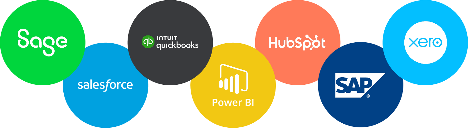 Custom Software Integrations | for example: Sage, Salesforce, Intuit QuickBooks, Microsoft Power BI, HubSpot, Xero, and more.