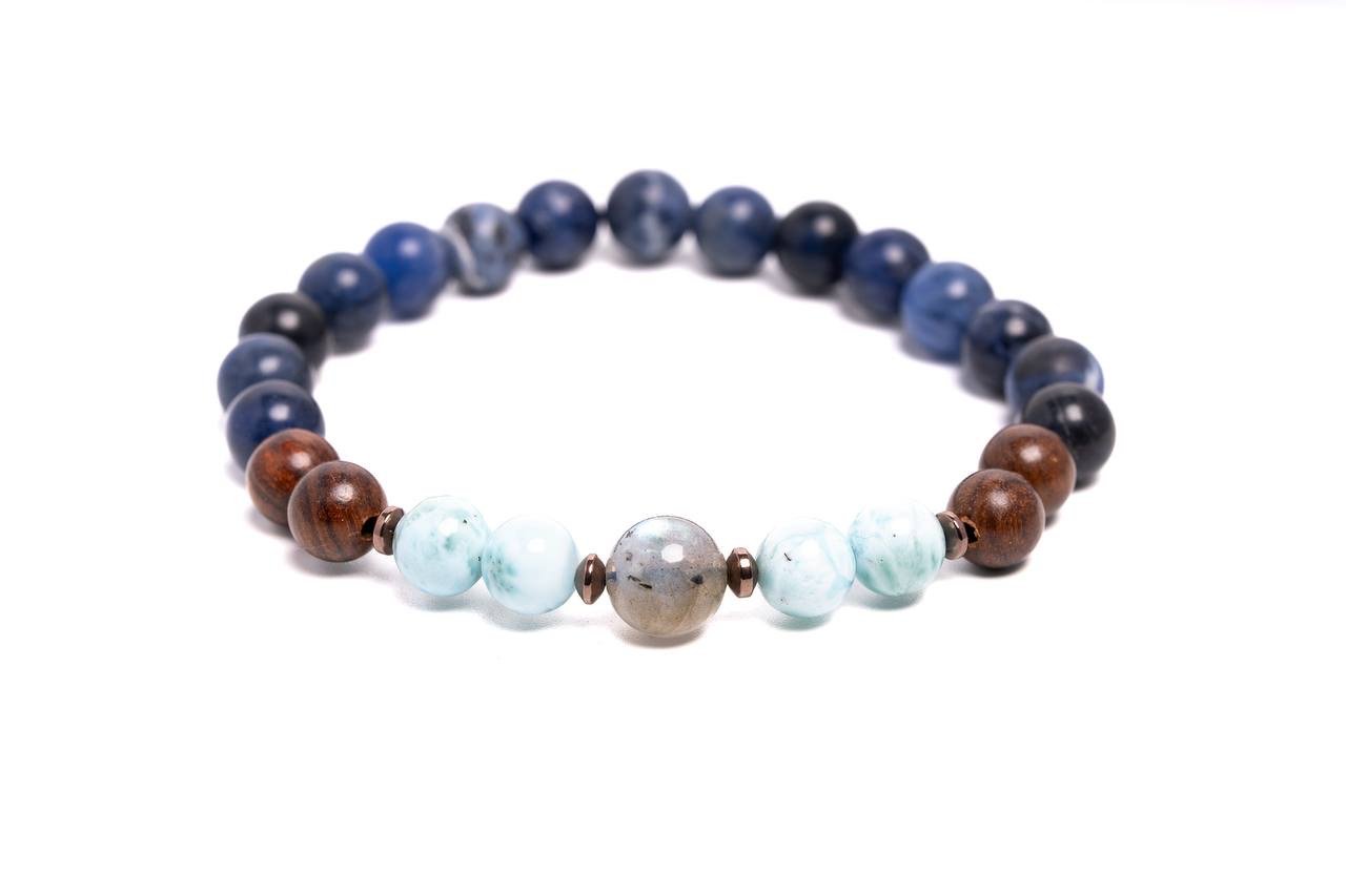 Bracciale in Larimar, Labradorite , Legno , Sodalite.