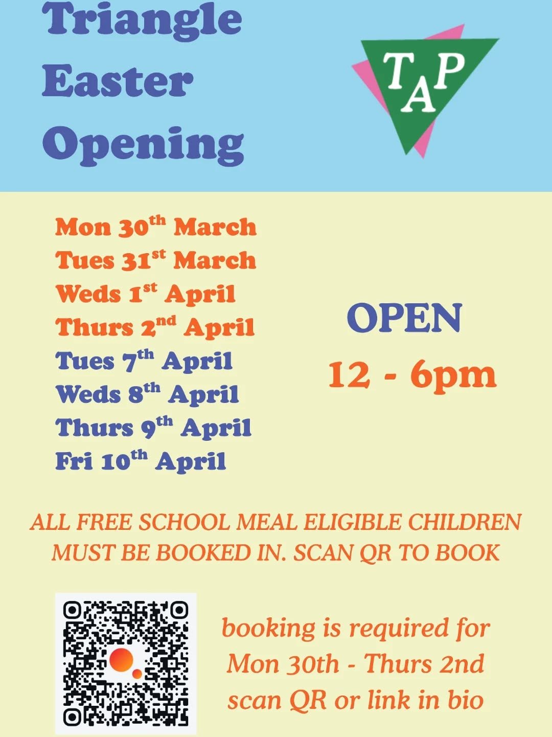 EASTER HOLIDAY MON 30TH MAR - FRI 10TH APRIL🐣

👀 ALL BENEFIT RELATED FREE SCHOOL MEAL CHILDREN MUST BOOK FOR WEEK 1 - LINK IN BIO 👈

Free Lunch Free Fun Free Play 12 -6pm each day for ages 6-17 years old 🤸🏾&zwj;♂️🏃&zwj;♀️

NOT OPEN BANK HOLIDAY