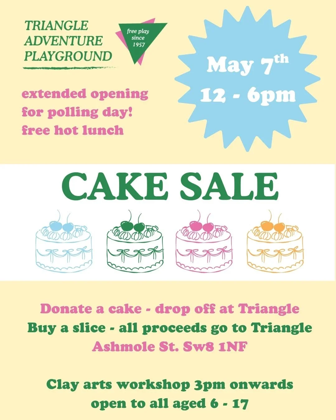 CAKE SALE AND EXTENDED OPENING 😃
MAY 7TH 12 -6PM✅️

DONATE A CAKE FOR US TO SELL SLICES TO RAISE FUNDS🍰

FREE HOT LUNCH 🍔

For all aged 6-17

Big thanks to @mayorsfundforlondon Kitchen Social / Holiday Hope 👏