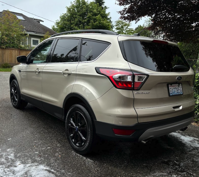 Beige Ford Escape parked on a driveway surrounded by greenery.