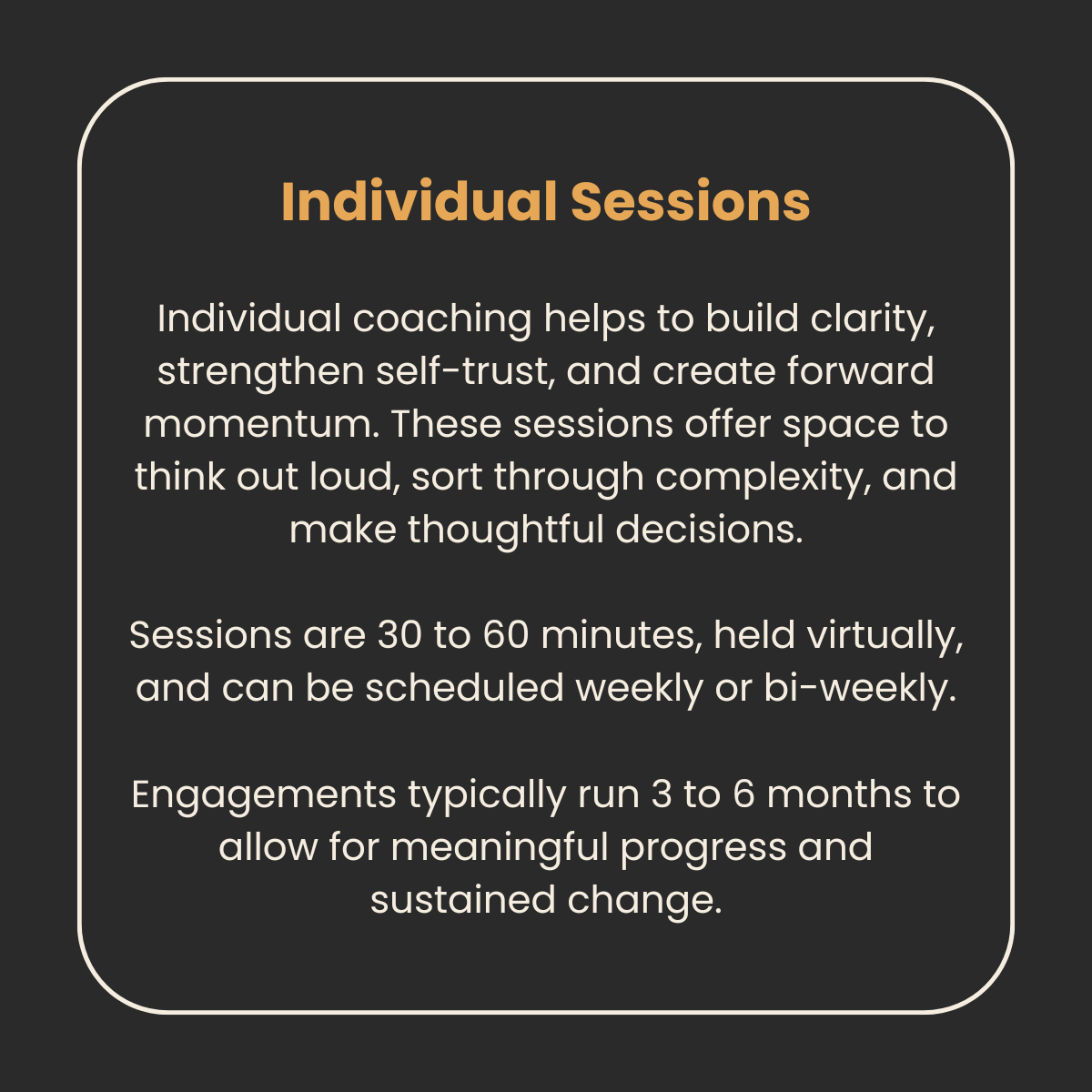 Information card about individual coaching sessions, describing benefits, duration, scheduling, and typical engagement length.