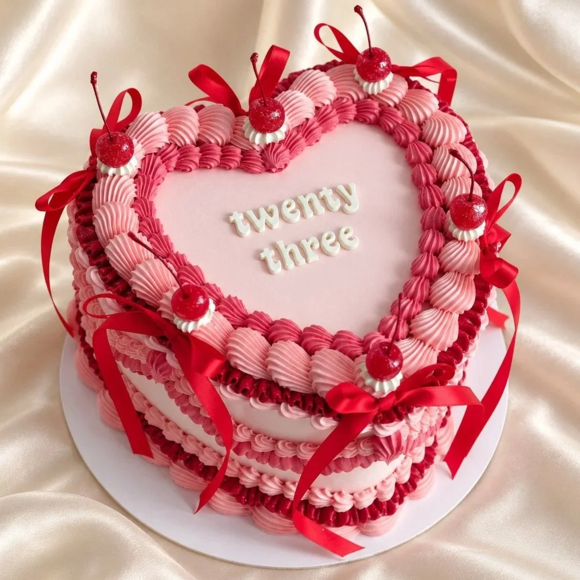 Pink heart-shaped celebration cake with red vintage piping and bows