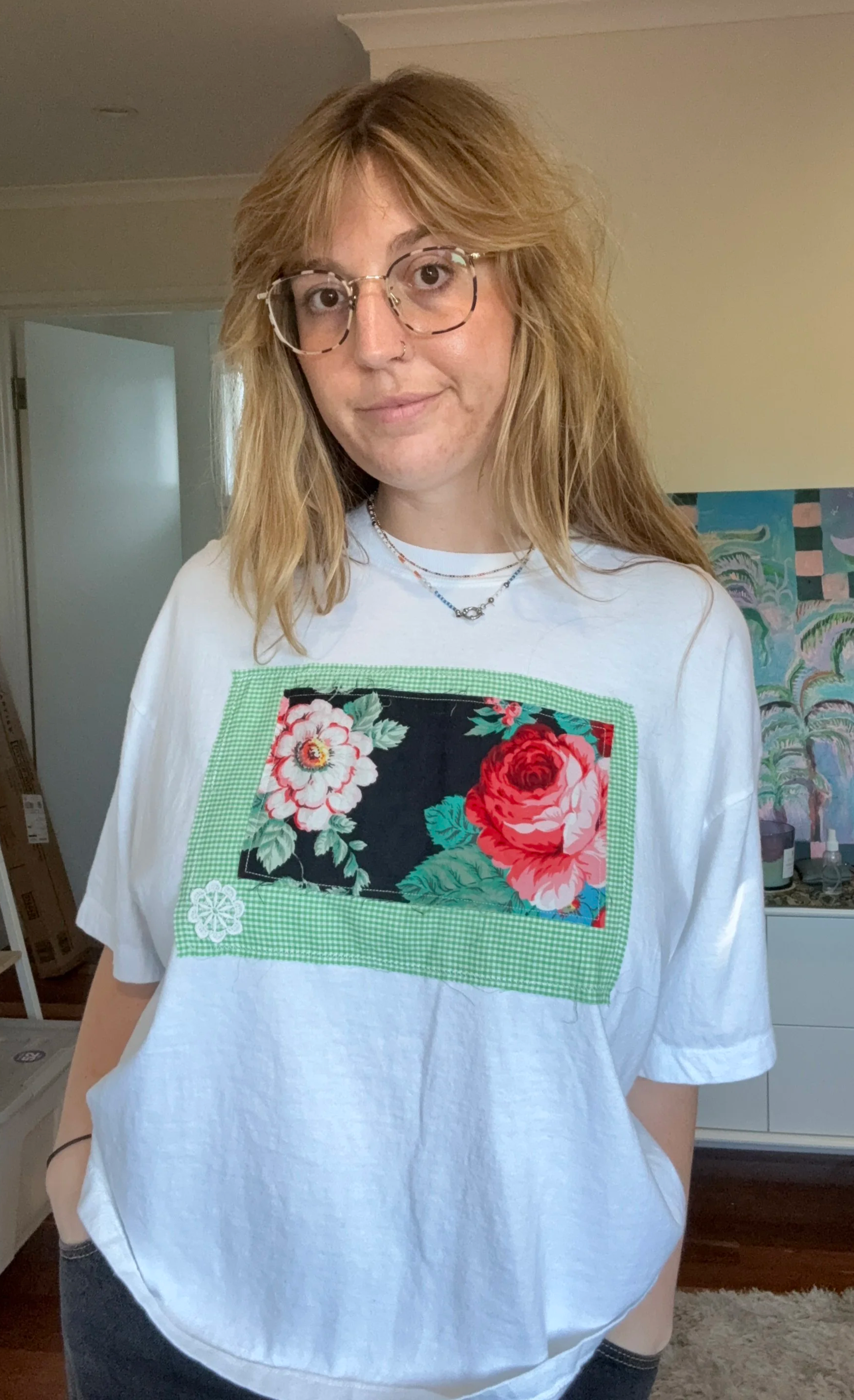 Vintage Floral Fabric Tshirt Size XL