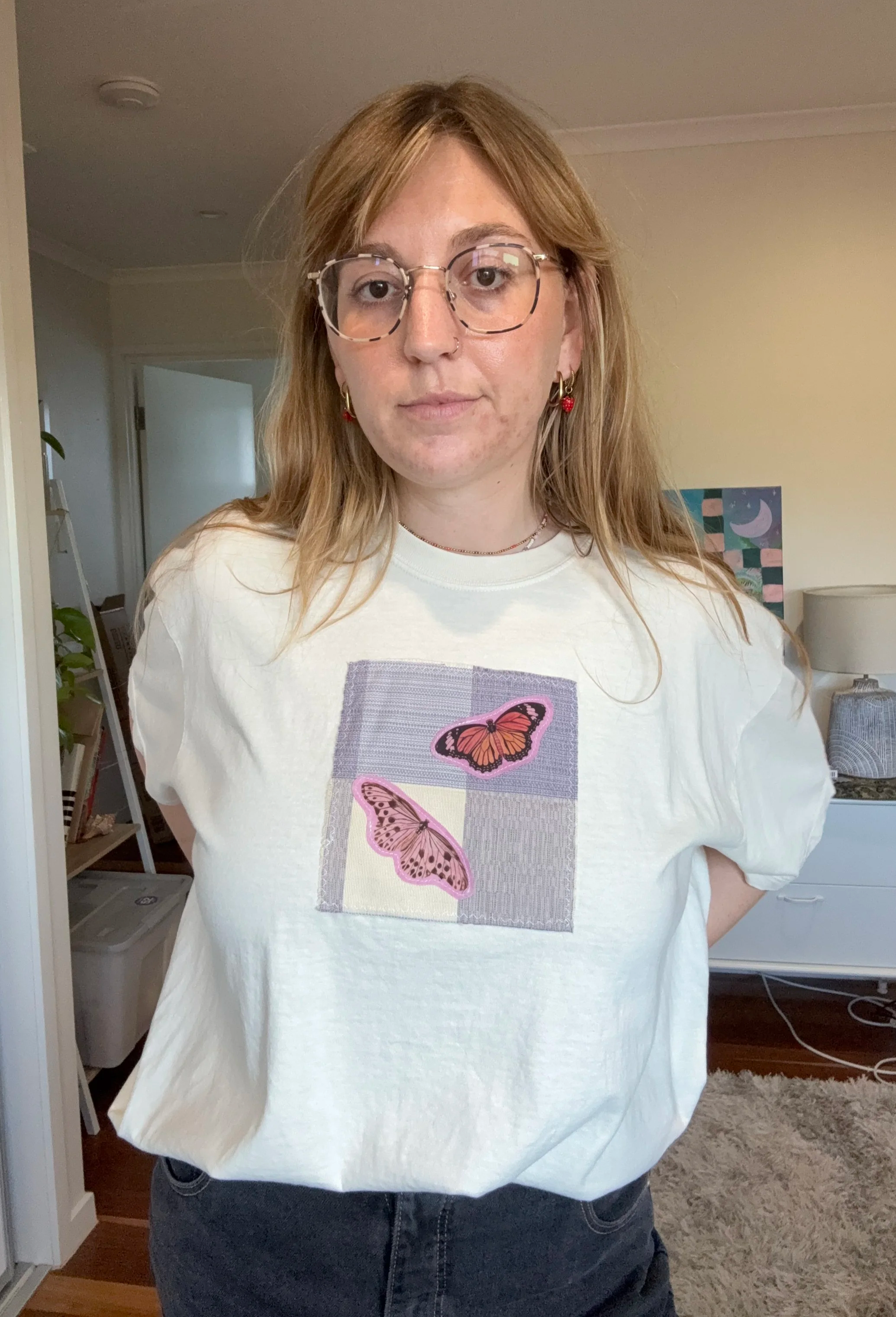 Purple Check Butterflies Tshirt Cream Size L