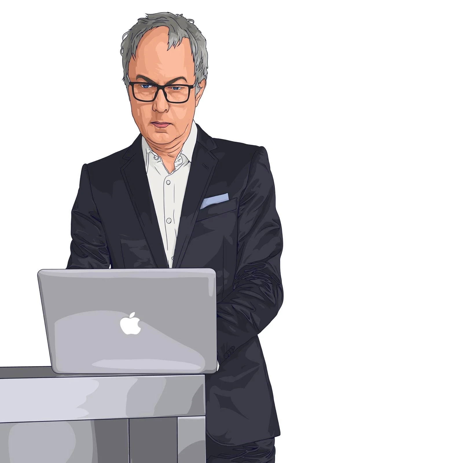 Dr. Berthold Schrödl in einem schwarzen Anzug und weißen Hemd steht vor einem Apple-Laptop auf einem Tisch, blickt konzentriert auf den Bildschirm.