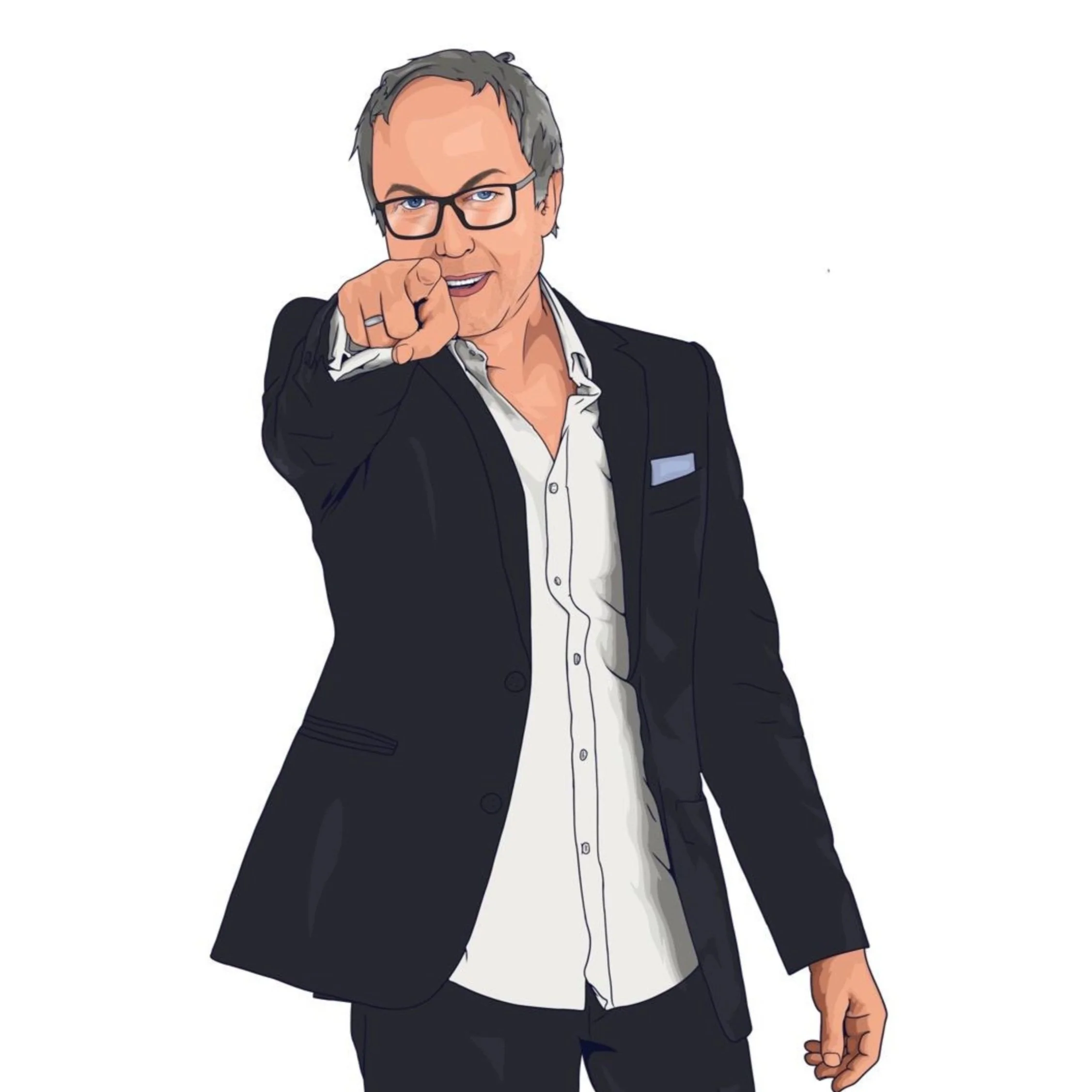 Dr. Berthold Schrödl in einem schwarzen Anzug, weißem Hemd und Brille, nach vorne zeigend und lächelnd.