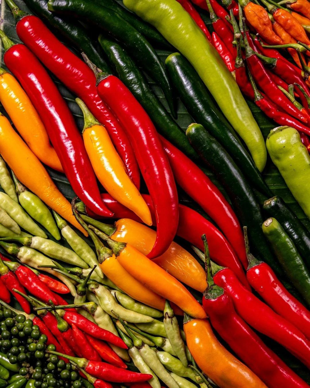 Before the cooking starts, there's this: the raw materials. The vibrant chilies and the fresh greens. It's our foundational palette.