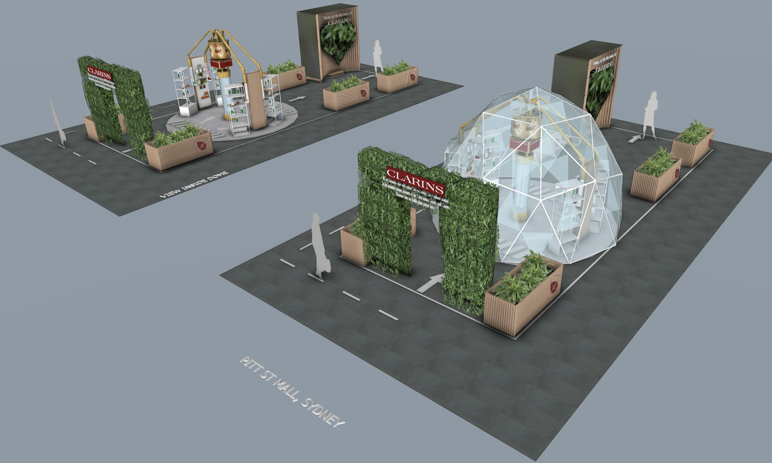 Design rendering of a Clarins popup store at Pitt Street Sydney with a green hedge entrance, a transparent geodesic dome display, and surrounding planters with plants.