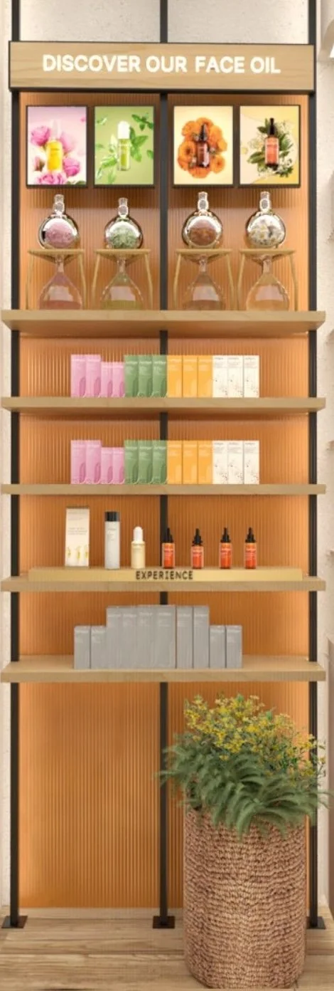 Product Merchandising for the Cosmetics and skincare category emphasising natural products through greenery