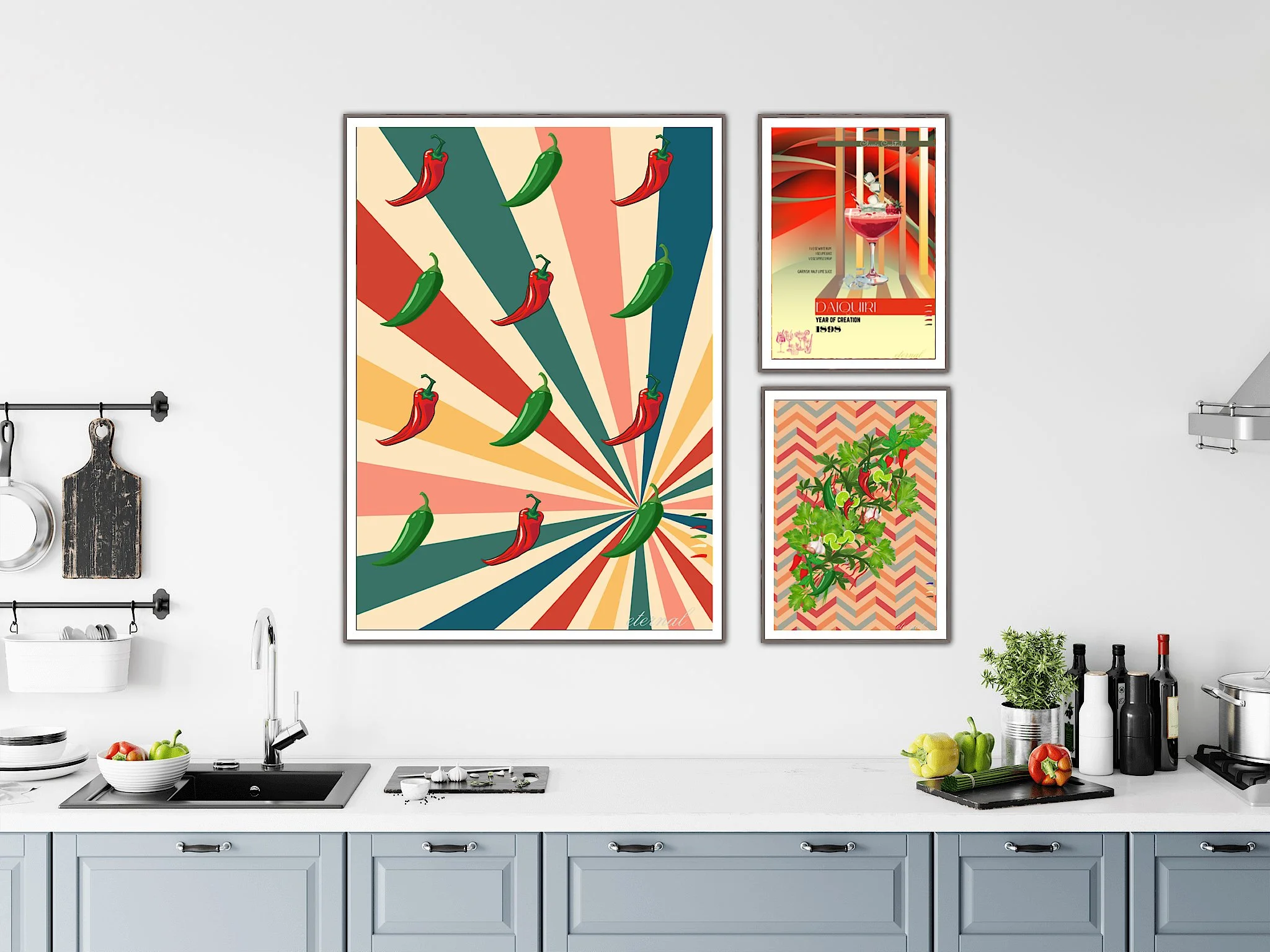 Kitchen with colorful wall art featuring chili peppers, a vintage cocktail poster, and a plant, with a sink, bottles, and vegetables on the countertop.